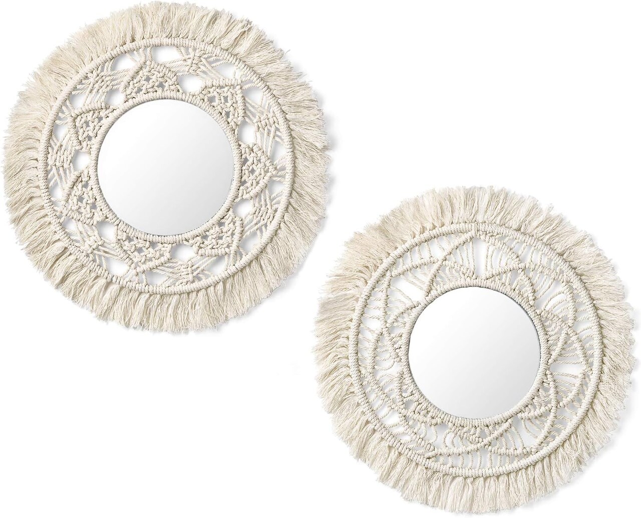 Hanging Wall Mirror with Macramé Fringe – Set of 2 Small Round Boho Antique-Style Mirrors, Decorative Wall Accent for Apartment, Living Room, Bedroom, or Nursery, Perfect Gift Idea